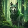 Wolf in a green magical forest, Highly Detailed, Bokeh effect, Sharp Focus, Volumetric Lighting, Fantasy by Greg Rutkowski