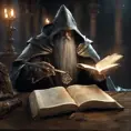 Fierce wizard with book in left and sword right hand, 8k, Gothic and Fantasy, Elden Ring, Photo Realistic, Dynamic Lighting by Greg Rutkowski