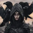 Intricate portrait of a horrifying pale assassin dusk elf, black hair, black eyes, fully covering black hooded armor in an apocalytpic world with Ravens, 8k, Gothic and Fantasy, Beautiful, Sci-Fi, Photo Realistic