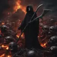 Grim reaper in hell, above a pile of corpses, dark and scary night, 8k, Gothic and Fantasy, Beautiful, Sci-Fi, Photo Realistic