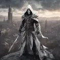 White male warrior long silver  hair with organic bone full body armour and a hooded cloak wearing a bone demonic mask, overlooking a gothic massive city, 8k, Gothic and Fantasy, Elden Ring, Photo Realistic, Dynamic Lighting by Greg Rutkowski