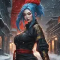 Mysterious beautiful kunoichi ninja wearing black, red and gold in the streets of a dark snowy town in russia, 8k, Intricate Details, Trending on Artstation, Blue Hair by Stanley Artgerm Lau, WLOP