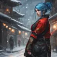 Mysterious beautiful kunoichi ninja wearing black, red and gold in the streets of a dark snowy town in russia, 8k, Intricate Details, Trending on Artstation, Blue Hair by Stanley Artgerm Lau, WLOP