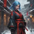 Mysterious beautiful kunoichi ninja wearing black, red and gold in the streets of a dark snowy town in russia, 8k, Intricate Details, Trending on Artstation, Blue Hair by Stanley Artgerm Lau, WLOP