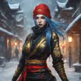 Mysterious beautiful kunoichi ninja wearing black, red and gold in the streets of a dark snowy town in russia, 8k, Intricate Details, Trending on Artstation, Blue Hair by Stanley Artgerm Lau, WLOP