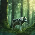 Wolf in a green magical forest, Highly Detailed, Bokeh effect, Sharp Focus, Volumetric Lighting, Fantasy by Greg Rutkowski