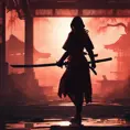 Silhouette of a samurai female assassin in the style of Fire watch, 8k, Dystopian, Trending on Artstation, Volumetric Lighting