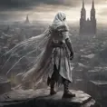 White male warrior long silver  hair with organic bone full body armour and a hooded cloak wearing a bone demonic mask, overlooking a gothic massive city, 8k, Gothic and Fantasy, Elden Ring, Photo Realistic, Dynamic Lighting by Greg Rutkowski