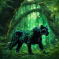 Panther in a luscious green magical forest, Highly Detailed, Bokeh effect, Sharp Focus, Volumetric Lighting, Fantasy by Greg Rutkowski