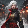 Mysterious beautiful kunoichi ninja wearing black, red and gold in the streets of a dark snowy town in russia, 8k, Intricate Details, Trending on Artstation, White Hair by Stanley Artgerm Lau, WLOP