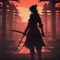 Silhouette of a samurai female assassin in the style of Fire watch, 8k, Dystopian, Trending on Artstation, Volumetric Lighting