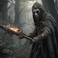 Warrior in tattered gray cloak and crooked ceramic plague docter mask wielding jungle weapon, 8k, Gothic and Fantasy, Elden Ring, Photo Realistic, Dynamic Lighting by Greg Rutkowski