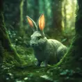 Rabbit in a green magical forest, Highly Detailed, Bokeh effect, Sharp Focus, Volumetric Lighting, Fantasy by Greg Rutkowski