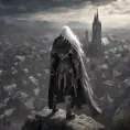 White male warrior long silver  hair with organic bone full body armour and a hooded cloak wearing a bone demonic mask, overlooking a gothic massive city, 8k, Gothic and Fantasy, Elden Ring, Photo Realistic, Dynamic Lighting by Greg Rutkowski