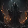 Face a dementor with a reaped and scary tunica in hell, above a pile of corpses, dark and scary night, realistic, detailed, horror, spooky, terror, 8k, Gothic and Fantasy, Elden Ring, Photo Realistic, Dynamic Lighting by Stanley Artgerm Lau, Greg Rutkowski