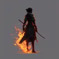 Silhouette of a samurai female assassin in the style of Fire watch, 8k, Dystopian, Trending on Artstation, Volumetric Lighting