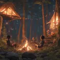 A highly detailed matte painting of a camp fire in the forest at night by studio ghibli, 4k resolution, Masterpiece, Trending on Artstation, Cyberpunk, Octane Render, Volumetric Lighting