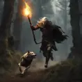 an a old dark elf running into the wood being pursuit by a wolf and humans with an torch. About middle earth, 8k, Gothic and Fantasy, Beautiful, Sci-Fi, Photo Realistic by Greg Rutkowski