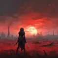 Back view of a female assassin on a bloody batte field. The sky is colored by a red sun set, Dystopian, Volumetric Lighting