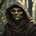 Detailed goblin with tired expression wearing a brown hooded cloak in a forest, 8k, Gothic and Fantasy, Elden Ring, Photo Realistic, Dynamic Lighting by Greg Rutkowski