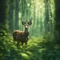 Deer in a green magical forest, Highly Detailed, Bokeh effect, Sharp Focus, Volumetric Lighting, Fantasy by Greg Rutkowski