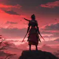 Backview of a female samurai assassin. The sky is colored by a red sun set, 8k, Dystopian, Trending on Artstation, Volumetric Lighting