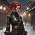 Mysterious beautiful kunoichi ninja with ashen hair wearing black and gold jewelry in the streets of a dark snowy town in russia, 8k, Intricate Details, Trending on Artstation, Red Hair by Stanley Artgerm Lau, WLOP