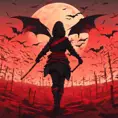 Back view of a female ninja on a bloody batte field. Flying bats in the sky that is colored by a red sun set, Dystopian, Volumetric Lighting