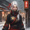 Mysterious beautiful kunoichi ninja wearing black, red and gold in the streets of a dark snowy town in russia, 8k, Intricate Details, Trending on Artstation, White Hair by Stanley Artgerm Lau, WLOP