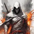 White Assassin emerging from a firey fog of battle, ink splash, Highly Detailed, Vibrant Colors, Ink Art, Fantasy, Dark by Stanley Artgerm Lau