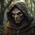 Detailed goblin with tired expression wearing a brown hooded cloak in a forest, 8k, Gothic and Fantasy, Elden Ring, Photo Realistic, Dynamic Lighting by Greg Rutkowski