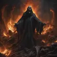 Face a dementor with a reaped and scary tunica in hell, above a pile of corpses, dark and scary night, realistic, detailed, horror, spooky, terror, 8k, Gothic and Fantasy, Elden Ring, Photo Realistic, Dynamic Lighting by Stanley Artgerm Lau, Greg Rutkowski