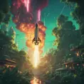 Studio ghibli, rocket explosion, jungle, solar, green technology, optimist future, 8k, Bokeh effect, Cinematic Lighting, Iridescence, Vibrant by Beeple, Dan Mumford, Greg Rutkowski, WLOP