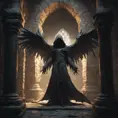 Hooded winged wraith in a dungeon, 8k, Gothic and Fantasy, Elden Ring, Photo Realistic, Dynamic Lighting by Greg Rutkowski