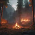 A highly detailed matte painting of a camp fire in an epic mountain forest, 4k resolution, Masterpiece, Trending on Artstation, Cyberpunk, Octane Render, Volumetric Lighting