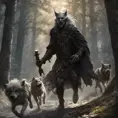 an a old dark elf running into the wood being pursuit by a wolf and humans with an torch. About middle earth, 8k, Gothic and Fantasy, Beautiful, Sci-Fi, Photo Realistic by Greg Rutkowski