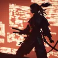 Silhouette of a samurai female assassin in the style of Fire watch, 8k, Dystopian, Trending on Artstation, Volumetric Lighting