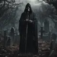 Portrait of the grim reaper in a graveyard, 8k, Gothic and Fantasy, Elden Ring, Photo Realistic, Dynamic Lighting by Greg Rutkowski