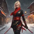 Mysterious beautiful kunoichi ninja wearing black, red and gold in the streets of a dark snowy town in russia, 8k, Intricate Details, Trending on Artstation, Blonde Hair by Stanley Artgerm Lau, WLOP