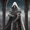 White male warrior long silver  hair with organic bone full body armour and a hooded cloak wearing a bone demonic mask, overlooking a gothic massive city, 8k, Gothic and Fantasy, Elden Ring, Photo Realistic, Dynamic Lighting by Greg Rutkowski