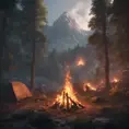 A highly detailed matte painting of a camp fire in an epic mountain forest, 4k resolution, Masterpiece, Trending on Artstation, Cyberpunk, Octane Render, Volumetric Lighting