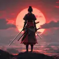 Backview of a female samurai assassin. The sky is colored by a red sun set, 8k, Dystopian, Trending on Artstation, Volumetric Lighting