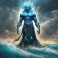 A celestial Blue-skinned God of the Seas, Storms, and Exploring emanating power of the seas, wearing half-leather, shrouded in storms in the style of digital art, 8k, Fantasy