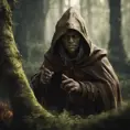 Detailed goblin with tired expression wearing a brown hooded cloak in a forest, 8k, Gothic and Fantasy, Elden Ring, Photo Realistic, Dynamic Lighting by Greg Rutkowski