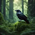 Raven in a green magical forest, Highly Detailed, Bokeh effect, Sharp Focus, Volumetric Lighting, Fantasy by Greg Rutkowski