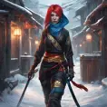 Mysterious beautiful kunoichi ninja with blue hair wearing black, red, and gold jewelry in the streets of a dark snowy town in russia, 8k, Intricate Details, Trending on Artstation, Red Hair by Stanley Artgerm Lau, WLOP