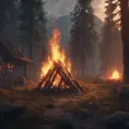 A highly detailed matte painting of a camp fire in an epic mountain forest, 4k resolution, Masterpiece, Trending on Artstation, Cyberpunk, Octane Render, Volumetric Lighting