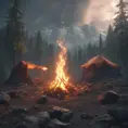 A highly detailed matte painting of a camp fire in an epic mountain forest, 4k resolution, Masterpiece, Trending on Artstation, Cyberpunk, Octane Render, Volumetric Lighting