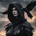 Intricate portrait of a horrifying pale assassin dusk elf, black hair, black eyes, fully covering black hooded armor in an apocalytpic world with Ravens, 8k, Gothic and Fantasy, Beautiful, Sci-Fi, Photo Realistic