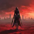 Back view of a female assassin on a bloody batte field. The sky is colored by a red sun set, Dystopian, Volumetric Lighting